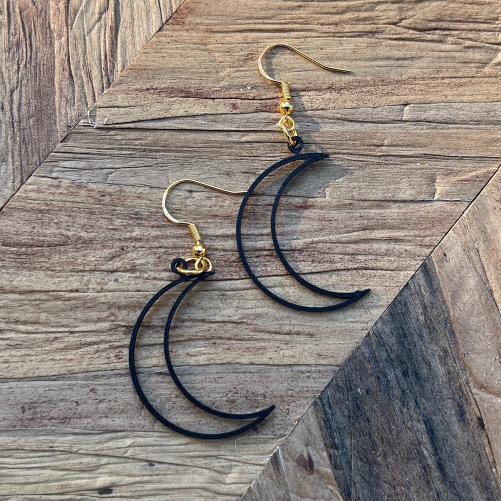 Black Crescent Moon Halloween Gold Hook Dangly Earrings New Handmade